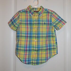 POLO Ralph Lauren Boys 3T Yellow Blue Plaid S/S Button down Shirt Madras Easter